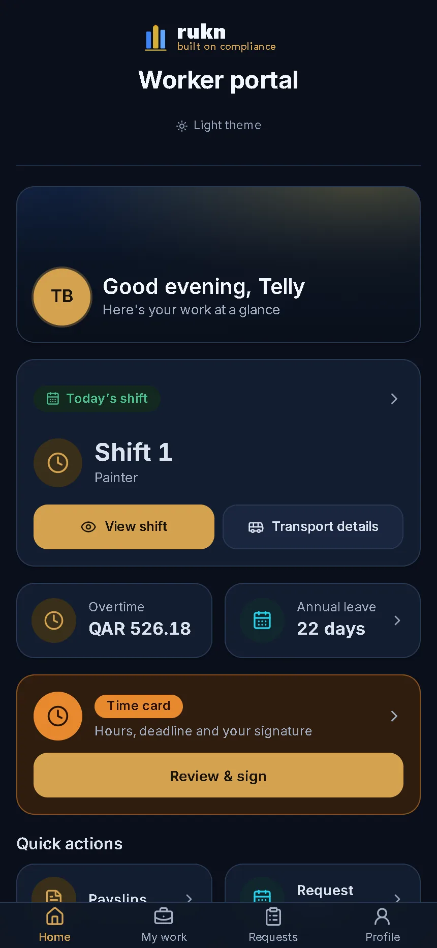 The Rukn worker portal on a phone, showing today's shift, overtime earned and annual leave balance.