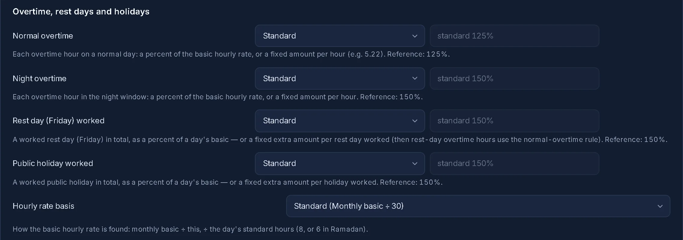 Rukn's pay rules screen: normal overtime 125%, night overtime 150%, rest day and public holiday 150%.